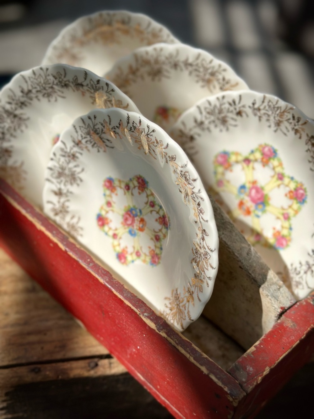 Vintage Franklinware Saucers Set 5 Ivory Gold Floral Tea Party China